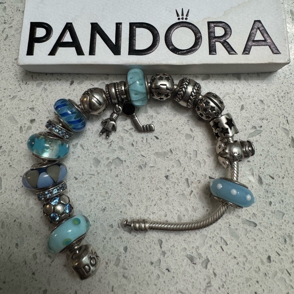 Pandora sports charm bracelet 17 charms hockey baseball lacrosse soccer blue